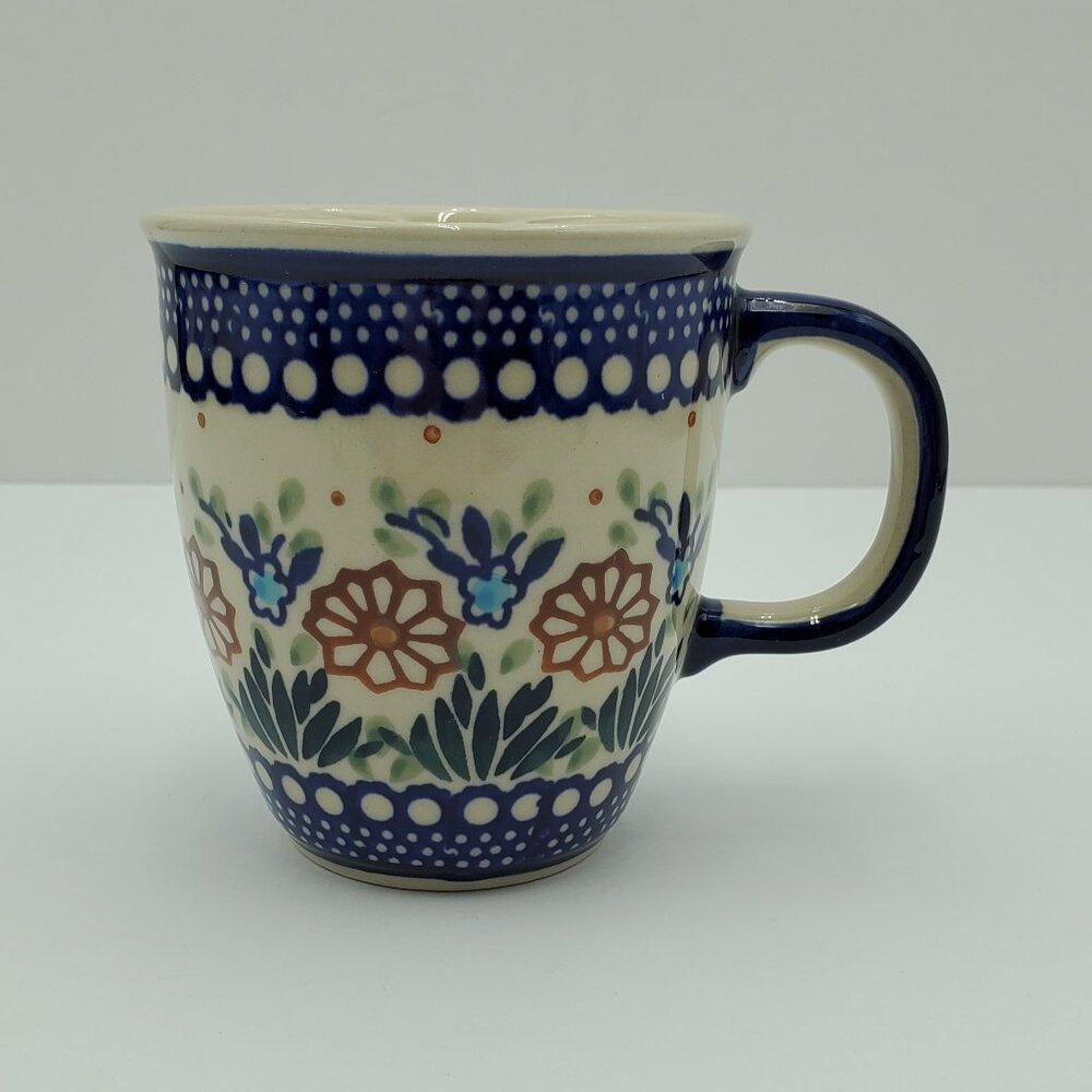 Polish Pottery Blue & Brown Flowers Mug Blue Circles Green Leaves Floral Mug